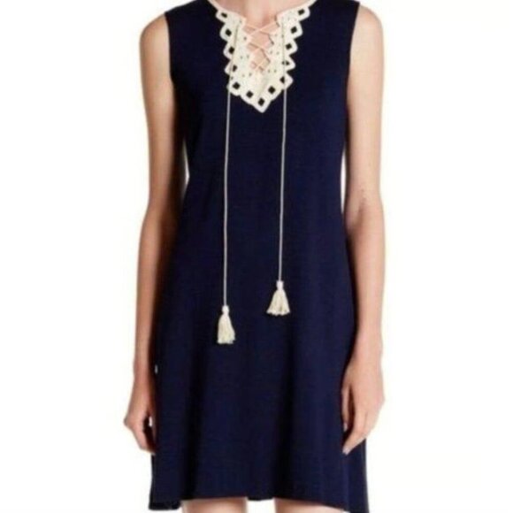 MAX STUDIO Black Cream Beige Embroidered Lace Up Tassel Sleeveless Shift Dress S - Picture 1 of 12